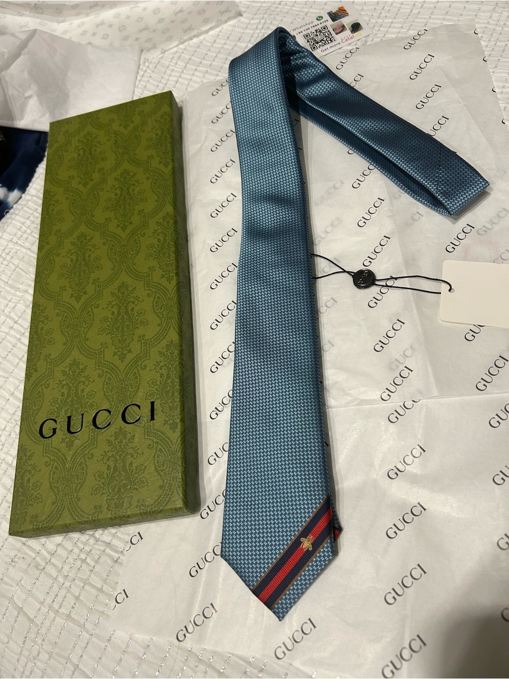 Gucci Men’s Light Blue Silk Tie with Red-Blue Stripe and Gold Bee